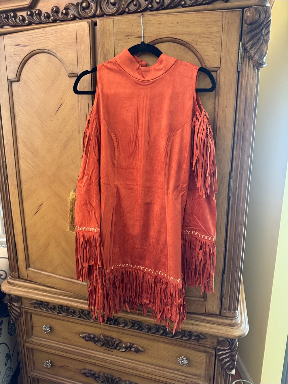 Rust Orange Cold-Shoulder Fringe Long-Sleeve Dress